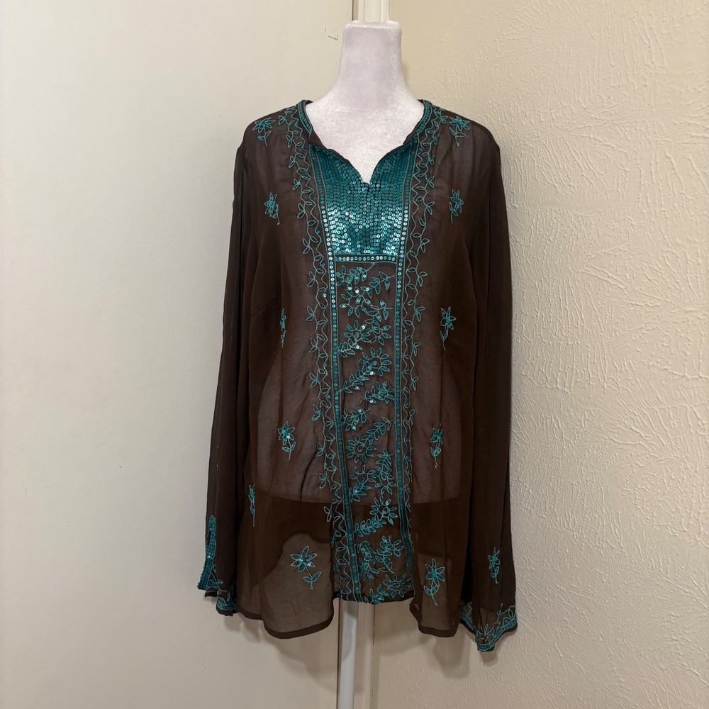 Brown Teal Embroidered Sequin Sheer Tunic Top Blouse Fairy Boho Whimsigoth 14/16